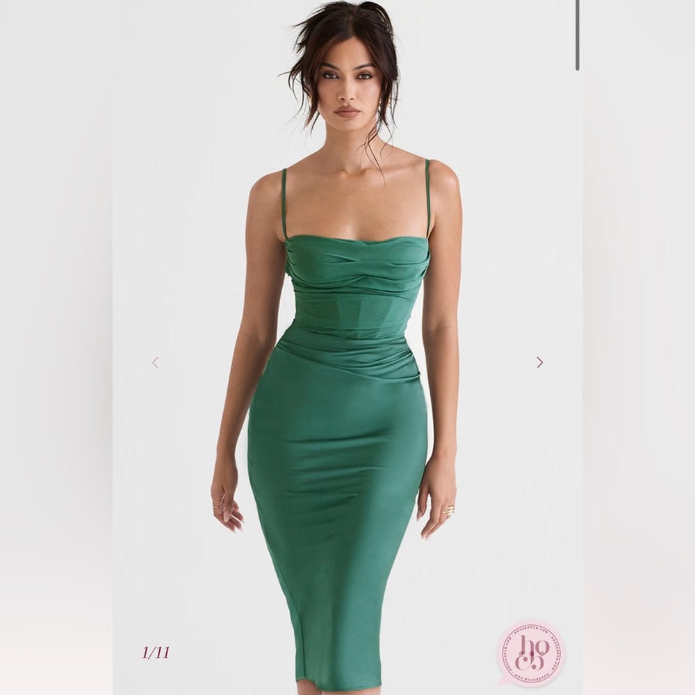 House of CB Green Ruched Spaghetti Strap Midi Dress - Teia